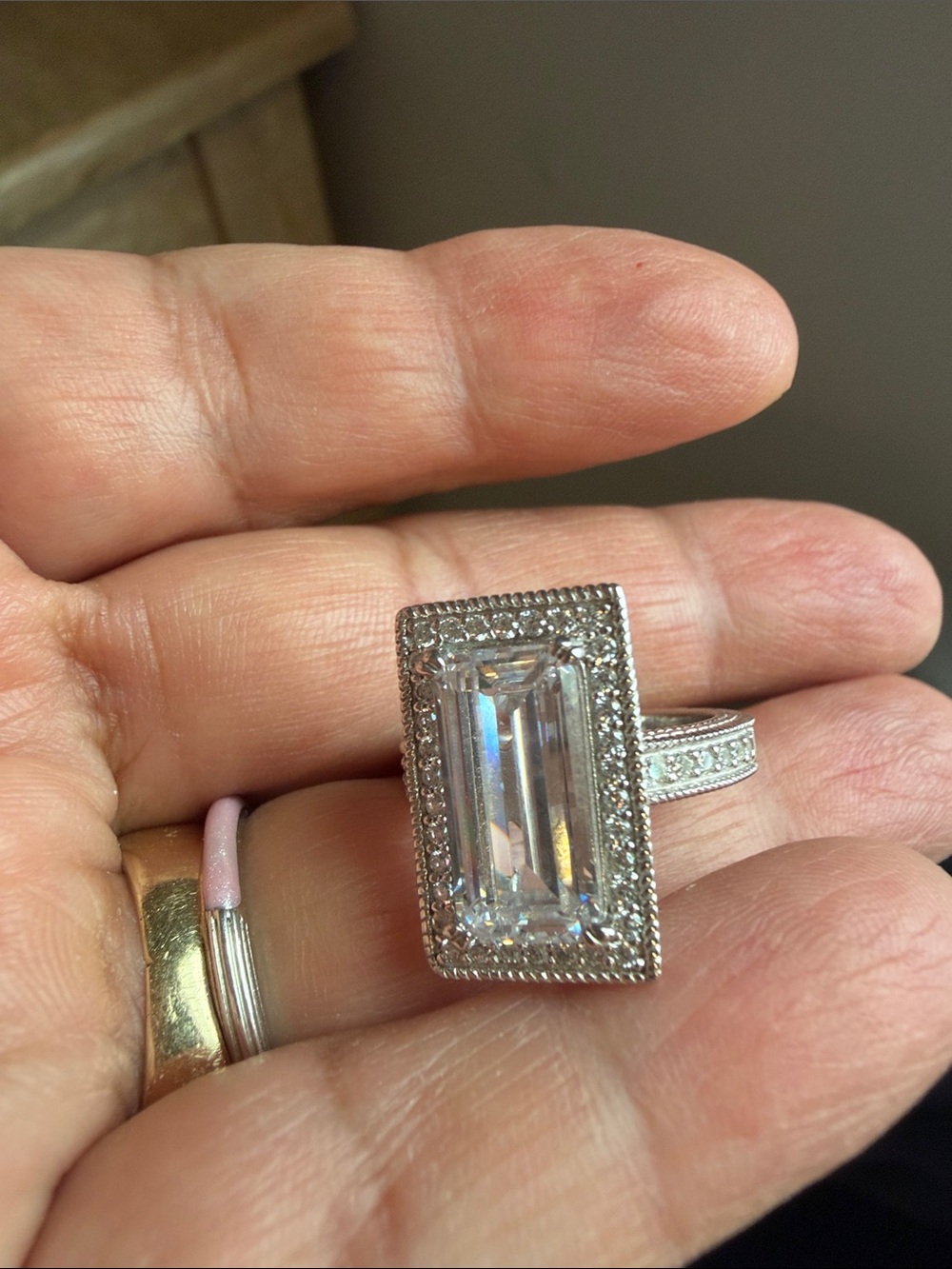 Judith Ripka Silver Emerald-Cut Halo Ring with Clear Center Stone